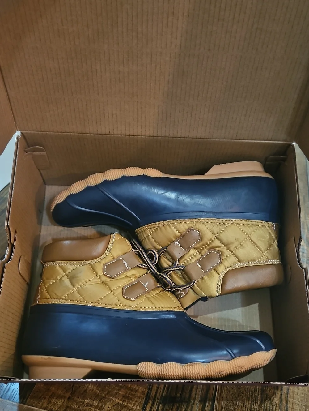 Skechers Navy and Tan Womens Duck Boots -Waterproof Rain Boots All Weather Boots